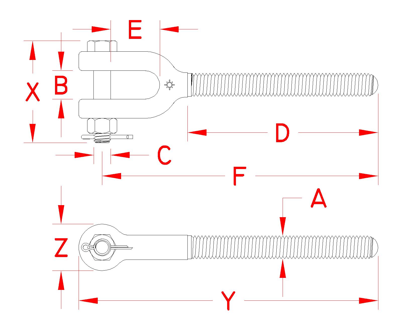 Stainless Steel Turnbuckle Jaw - Forged, P0106-RJ07, P0106-RJ08, P0106-RJ10, P0106-RJ13, P0106-RJ16, P0106-RJ20, P0106-RJ25, P0106-RJ25-1, P0106-RJ32-1, P0106-LJ07, P0106-LJ08, P0106-LJ10, P0106-LJ13, P0106-LJ16,  P0106-LJ16, P0106-LJ25, P0106-LJ25-1, P0106-LJ32-1, Line Drawing